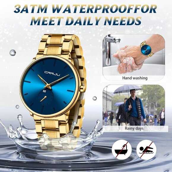 Men\'s Gold-Blue Ultra-Thin Minimal Waterproof Stainless Steel Band Buckle Watch main image 5